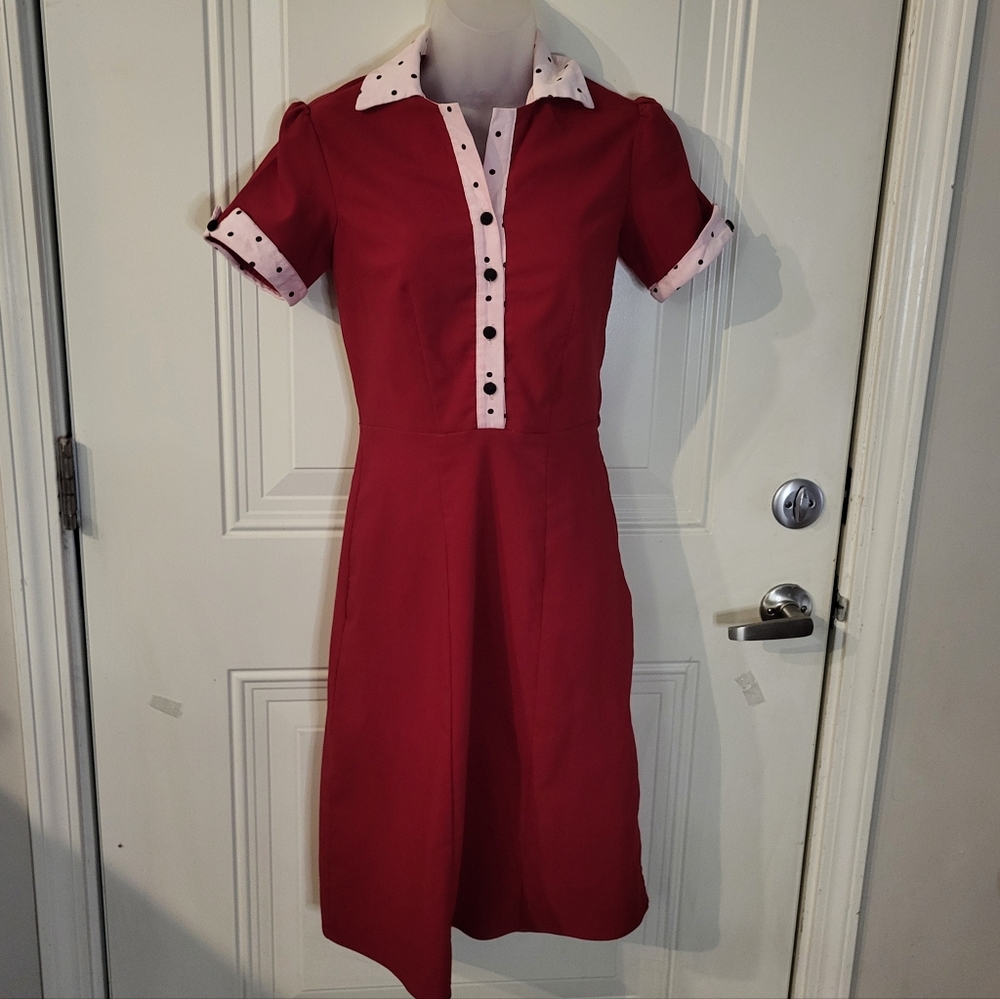 Stop Staring Red Midi Dress with Polka Dot Rockabilly Pin Up Girl Retro Y2k